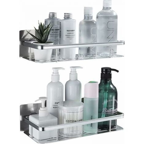 2-teiliges Duschregal aus Aluminium, kein Bohren erforderlich, silberfarben, rostbeständig, selbstklebende Badezimmerablagen, Duschregal mit 4 Haken (ohne Bohren) (1/2)