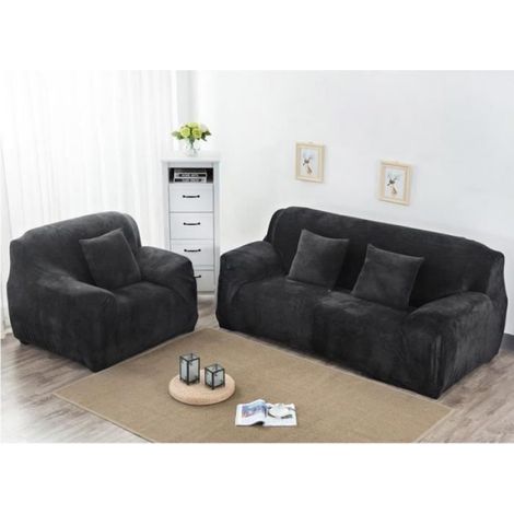 Housse de Canapé - Velours 3 Places - Élastique - Noir - 190-230cm (1/3)