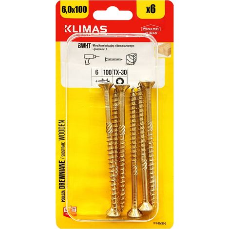 Vis Charpente Bois Klimas, 6 x 100 mm, Empreinte Torx, Tête Fraisée, Blister 6 Pièces (1/5)