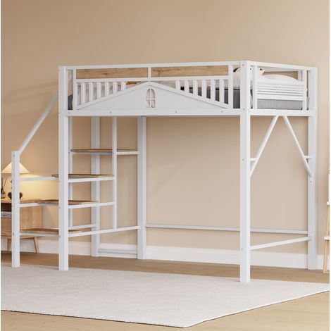 Metall-Hochbett 140x200 cm Weiß mit Sicherheitsleiter und Stauraum (1/5)