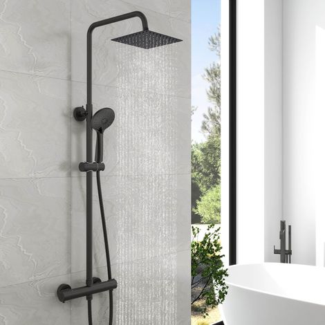 Biubuibath Bathroom Thermostatic Square Shower Mixer Black Set Twin Head (1/5)