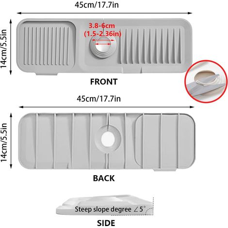 Alfombrilla de silicona para grifo de 4515 cm, alfombrilla de secado para fregadero de cocina, protector de grifo, alfombrilla de drenaje (gris claro) (1/4)