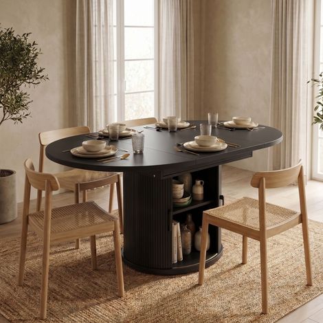 Table ronde extensible 120-160 cm avec placard intégré décor noir (1/5)