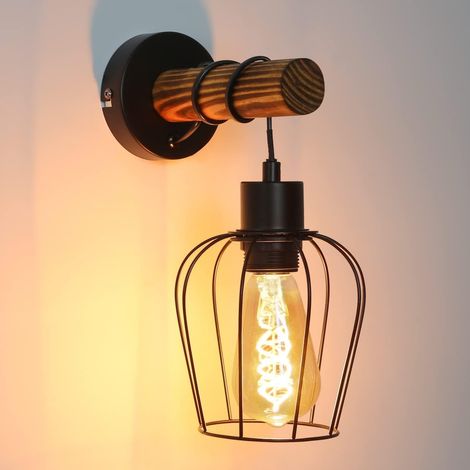 GBLY Wandleuchte innen Holz Wandlampe Vintage Retro mit Schalter Industrial Design E27 Wandstrahler Schwarz mit 1 Flammig aus Metall Wandspot für Schlafzimmer Wohnzimmer Flur Cafe - Ohne Leuchtmittel