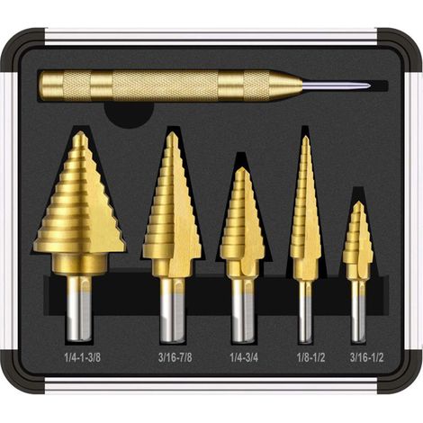 Ensemble de 6 pièces de forets pagode britanniques, combinaison d'aluminium, alésoir de trous en acier rapide, foret étagé à tige triangulaire avec revêtement en titane (1/5)