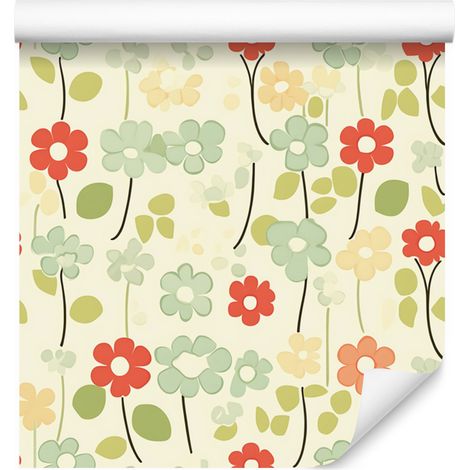 Tapete mit cremefarbenen und limettengrünen Blumen für Wohn- und Schlafzimmer, 50 x 1000 cm (1/5)