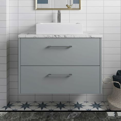 Hudson Reed Juno Wall Hung 2-Drawer Vanity Unit with Carrera Marble Worktop 800mm Wide - Coastal Grey (1/4)
