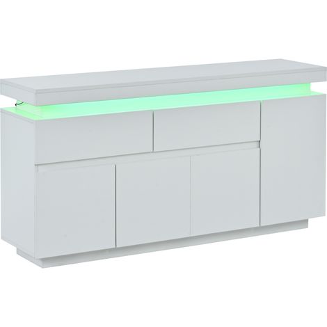 Credenza soggiorno bianca 140 x 35 x 72,5 cm con 2 cassetti, 4 ante e LED, lucida, in truciolare (1/5)
