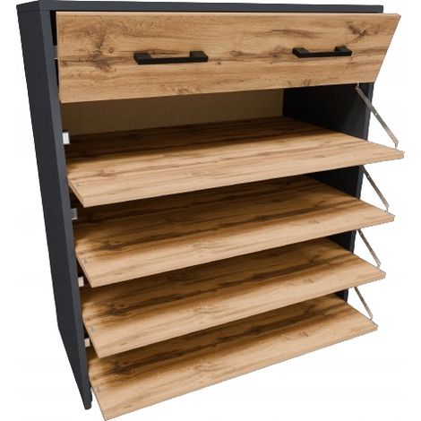 Meuble à chaussures graphite 5 niveaux – Dimensions 74 x 35 x 85 cm – Fabriqué en carton stratifié – Accès facile avec portes à charnières