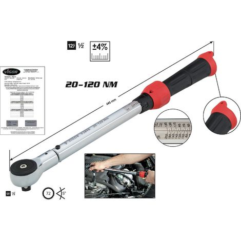 VIGOR Drehmomentschlüssel, 20 - 120 Nm, Genauigkeit: 4%, 1/2 (12,5 mm) Vierkant massiv, 445 mm