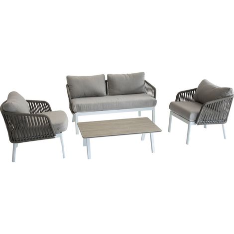 Hesperide – Salon de jardin 4 places en aluminium traité époxy – Mailles acryliques tressées – Table basse HPL 100x60cm – Coussins déhoussables