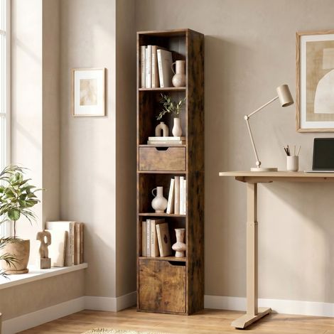Bibliothèque à 6 niveaux, réglable sur 3 niveaux, avec tiroir, porte d'armoire, étagère personnalisable, étagère d'exposition, marron (1/5)