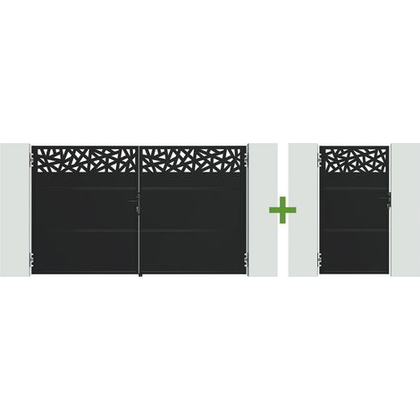 Doppelflügeltor NALI RUIVO 3m H.180cm + Gartentür 1m H.180cm Stahl Schwarz Matt