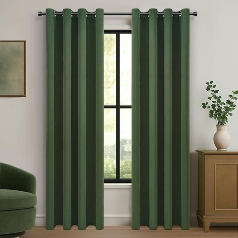 Set of 2 Olive Green Thermal Blackout Curtain, 140 x 240 cm, Thermal Insulated Anti-Cold and Heat Curtains for Living Room, Bedroom, Interior Door, Opaque Soft Curtains with Eyelets (1/5)