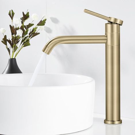 1 Robinet Lavabo, Pivotant 360°, Acier Inoxydable, Or Brossé, Salle De Bain