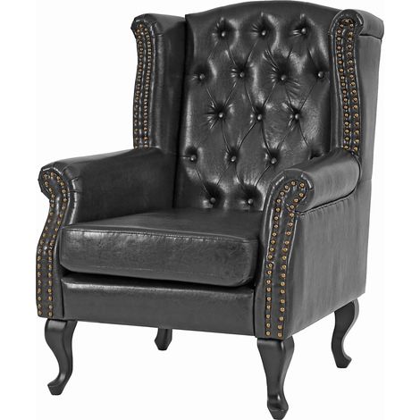 [NUNCA USADO] Sillón reclinable club sillón wing chair Chesterfield, polipiel, negro sin otomana