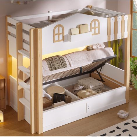 Lit superposé 90x200 cm en bois blanc, gain de place pour chambre, sans matelas FloraGrace (1/5)