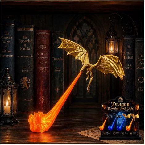 Lampe serre-livres 3D Dragon, Lampe d'angle fantaisie pour bibliothèque, Lampe serre-livres décorative LED, Décoration murale Dragon doré + Dragon orange - Grand Dragon doré + Orange (1/4)