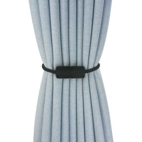 Magnetic curtain tiebacks, 40 cm, handmade, with side cord, for practical and decorative cylindrical curtains, for home and office (black)