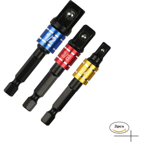 royaluxe - Adaptateur Porte Douilles 1/4", 3/8", 1/2" adaptateur porte douille pour visseuse à choc adaptateur porte douille visseuse a choc Prise Perceuse Visseuse Jeu de Rallonges Colorés, 3Pcs (1/5)