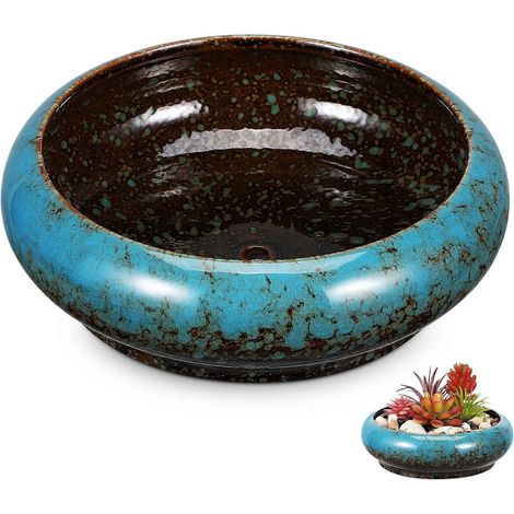 Pot de fleurs peu profond en céramique pour plantes succulentes avec drainage, pot décoratif rond pour bonsaï et plantes d'intérieur (1/3)