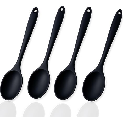 Cuillères en Silicone Anti Adhésives, 20cm, Noir Cuillere Silicone Anti Adhésive Résistante à la Chaleur, Louche Cuisine pour Servir et Mélanger, Cuillère de Service Set (1/5)