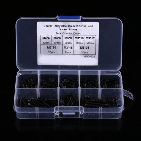 200 Pièces M3 Vis à Tête Fraisée Hexagonale Creuse Assortiment Boulonnerie Machine