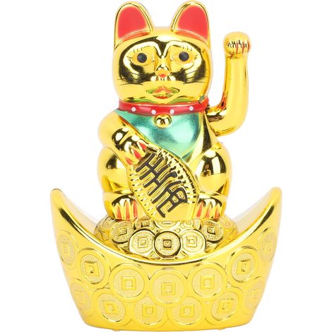 Chat de Fortune en Plastique Doré avec Bras Mobile et Expression Vive - Décoration Porte-Bonheur (1/5)