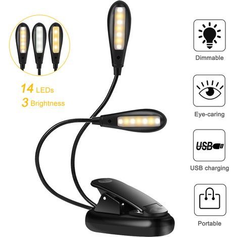 Lampada da lettura a LED con 14 LED ricaricabili tramite USB e funzione di protezione degli occhi, lampada da lettura flessibile a doppia testa con clip, dimmerabile, ideale per la lettura notturna, l (1/5)