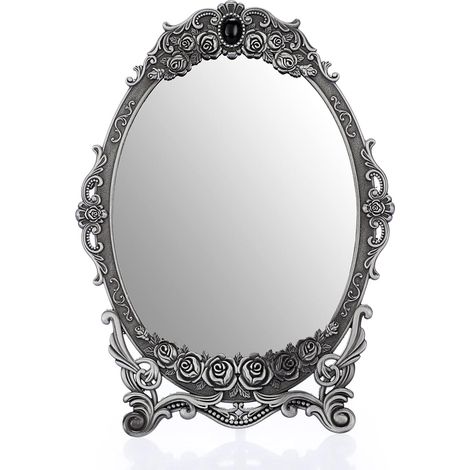 MINKUROW Espejo De Maquillaje Espejo De Escritorio Ovalado Retro Espejo De Tocador De Mesa De Pie Decorativo 26 x 20 Cm (Plata) (1/5)