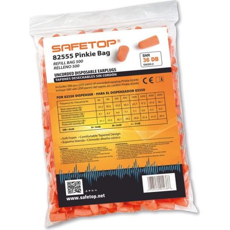 Bolsa de tapones auditivos para dispensador Pinkie SNR 36dB SAFETOP (500 uds)