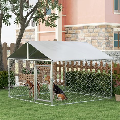 Jaula de Exterior para Perros Medianos con Cerradura Marco de Acero Toldo Impermeable y Anti-UV 200x200x150 cm Plata (1/5)