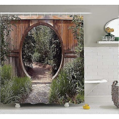 Collection Décoration Japonaise Authentique Porte Ronde Rustique Ouverture sur Parc National, Image Sublime Habitat, Tissu Polyester Salle de Bain 183 x 183 cm (1/3)