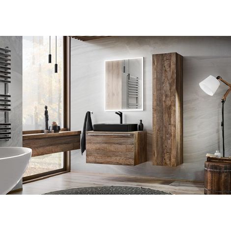 Otitec – Colonne de salle de bain en chêne santa fe – 5 compartiments – 2 tiroirs – L35-H160-P33 – Montage facile (1/4)