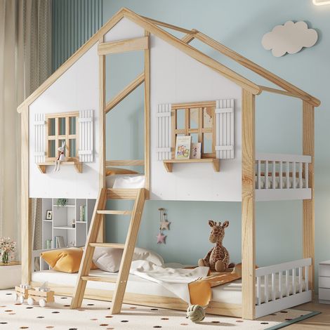 Lit superposé enfant 90x200 avec toit, fenêtres et barrières, bois blanc naturel (1/5)