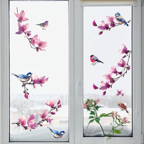 Sticker fenêtre – 60x30 cm – Oiseaux sur branche fleurie – Magnolias violets – Décoration d'intérieur (1/5)
