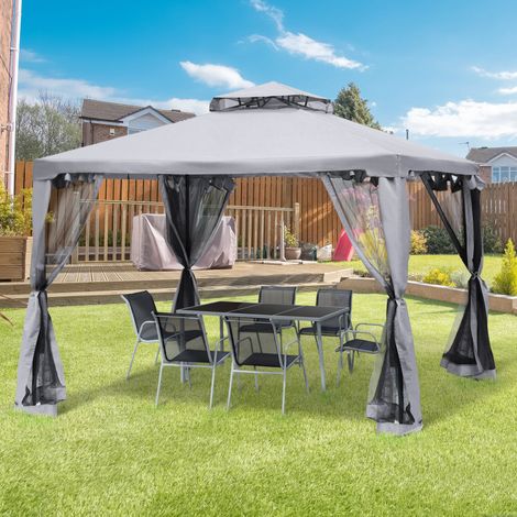 Gazebo da giardino 3x3 m con 4 pareti laterali in metallo e poliestere grigio chiaro OKWISH (1/5)
