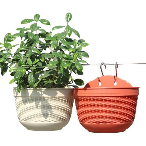 2 Pcs Pots de Fleurs de Garde corps Suspendus en Plastique avec Crochet, Support de Pot de Jardin,Clôture,Balcon,Intérieur,Brique rouge, blanc (1/4)