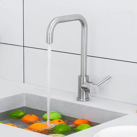 Grifo mezclador de cocina de acero inoxidable cepillado CECIPA, grifo de cocina con caño alto y curvo, giratorio 360°