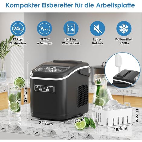 Eiswürfelmaschine Eiswürfelbereiter Icemaker Selbstreinigender Eisbereiter,9 Eiswürfel in 6 Minuten,2 Eiswürfelgrößen (schwarz)