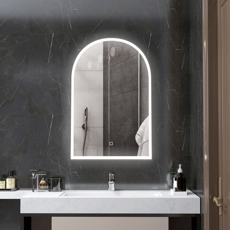 Miroir de salle de bain LED 90 x 60cm mural 3 couleurs arqué cadre en aluminium désembuage et interrupteur tactile YaKu
