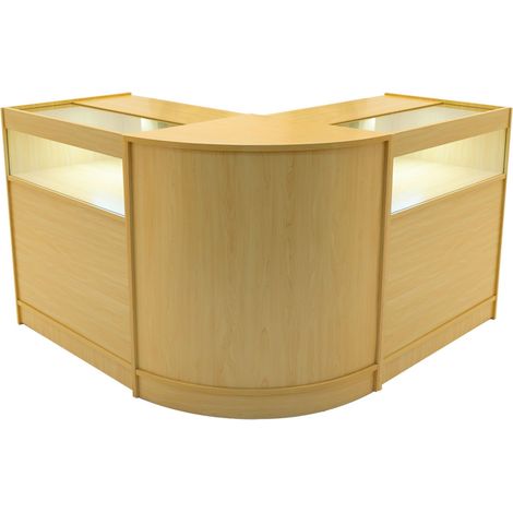 Set Mostradores Comerciales "IRIS"  Arce 2x B900+1xCM60  MDF y vidrio templado  Estantes y puertas corredizas con cerradura  Fácil Montaje  Mostrador Recepción Expositor Comercial Mesa