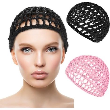 Lot de 2 filets de nuit crochetés - Bonnet de nuit en maille douce et réutilisable pour femme - Bonnet de nuit lissant et soyeux pour cheveux longs/courts - Noir + Rose (1/5)
