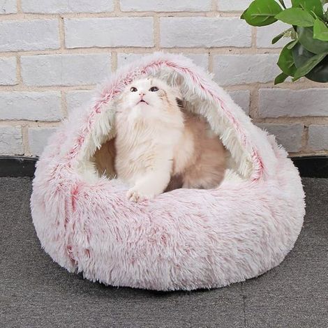 Cozy Rose Plush Igloo Bed for Cats & Medium Dogs - Calming Pet Cave, 35cm
