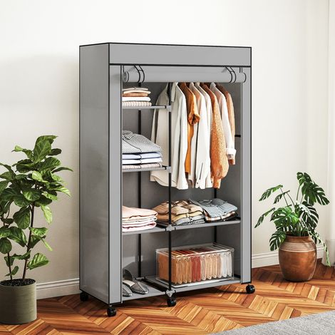 Armoire Penderie Tissu Mobile  6 Roulettes + Tringle à Vêtements + Étagères Ouvertes  103x43x162,5 cm Gris