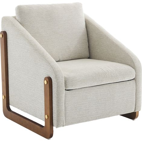 Fauteuil pour salon, chaise moderne avec accoudoir en bois et coussin, tissu de chenille, beige