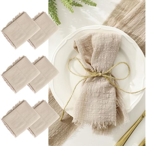 6pcs Serviettes de Table en Tissu 45x45cm, Serviette Tissu avec Franges, Serviettes de Table en Lin Lavable et Réutilisable pour Mariage, Hôtels, Restaurants, Evénements et Fêtes Beige (1/5)