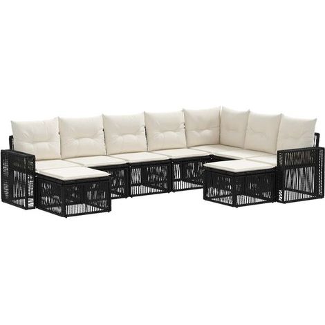 Ensemble de Canapé d'Extérieur 9 Pièces, Mobilier de Jardin en Rotin Synthétique PE Tressé, Couleur Crème Noir et Blanc (1/5)