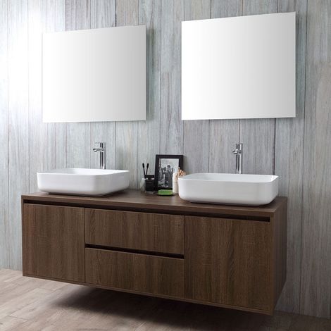 Mueble De Baño Suspendido Nogal Oscuro Lavabo Doble Espejo  Siena