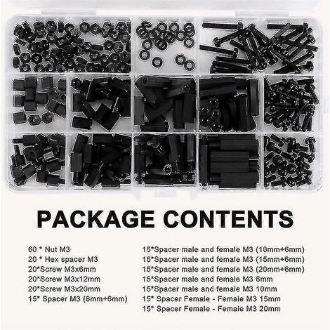 Kit d'assortiment de 260 vis et écrous hexagonaux en nylon mâles et femelles pour entretoises et piliers filetés de cartes mères et circuits imprimés (1/5)